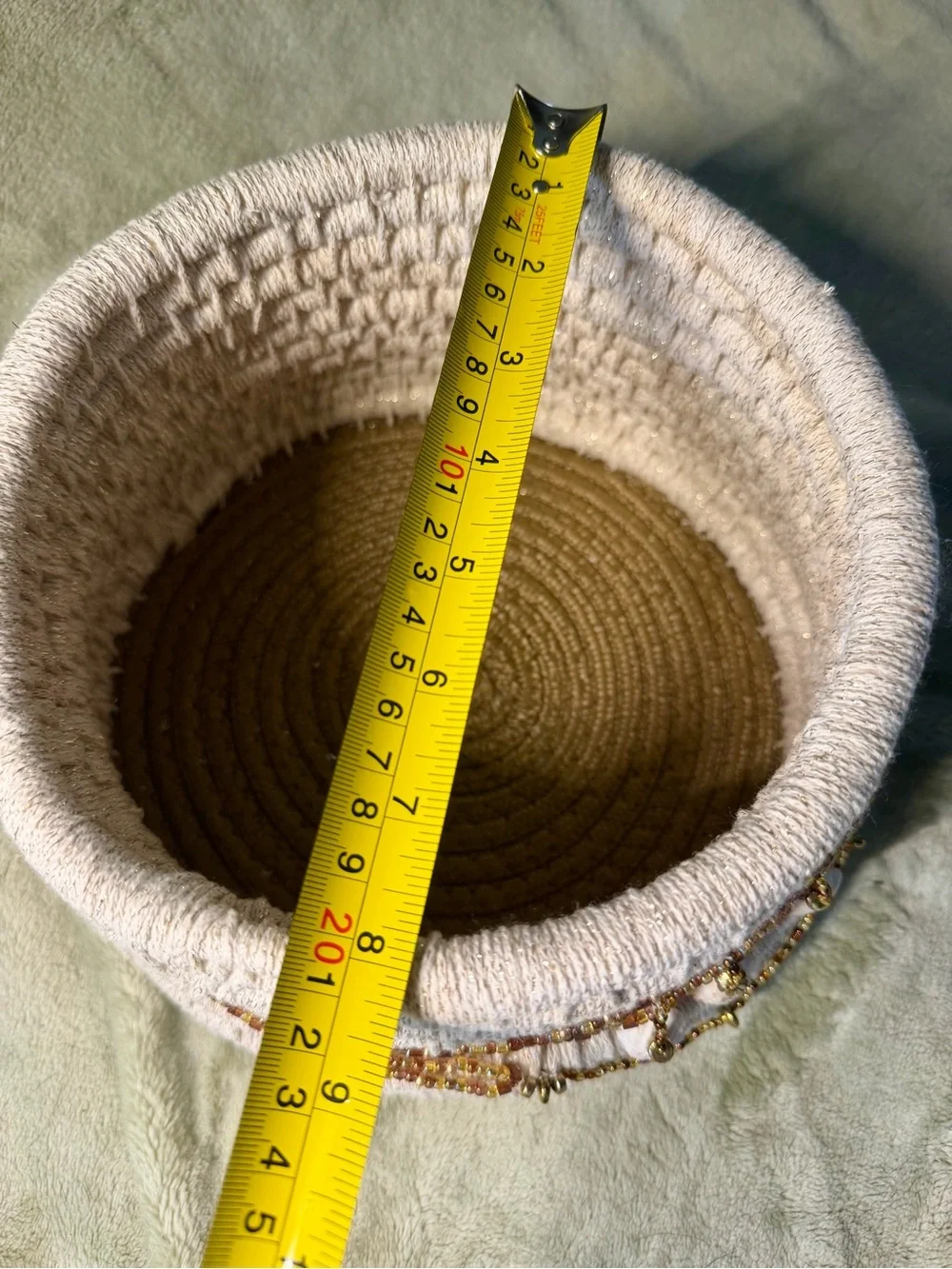 Handmade Art Coiled Basket  with Lid and embellishments of beading and shells